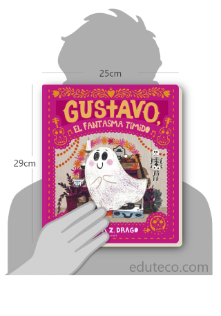 Comparación del tamaño de el libro Gustavo, el fantasma tímido respecto a una persona. Este mide 25.5 centímetros de ancho por 29.5 centímetros de alto