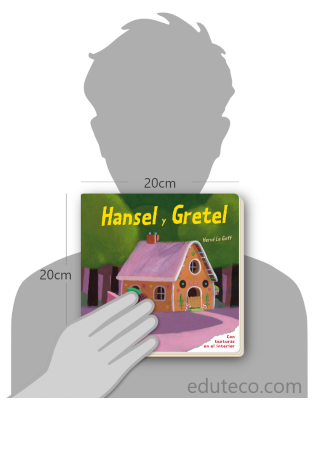 Comparación del tamaño de el libro Hansel y Gretel : Con texturas en el interior respecto a una persona. Este mide 20 centímetros de ancho por 20 centímetros de alto