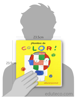 Comparación del tamaño de el libro Hombre de color respecto a una persona. Este mide 23.5 centímetros de ancho por 23.5 centímetros de alto