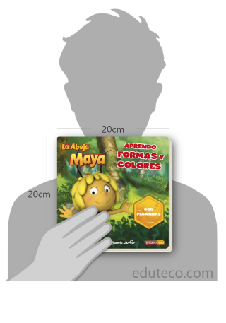Comparación del tamaño de el libro La Abeja Maya : Aprendo formas y colores respecto a una persona. Este mide 20 centímetros de ancho por 20 centímetros de alto