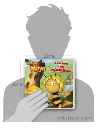 Comparación del tamaño de el libro La Abeja Maya : Aprendo los números respecto a una persona. Este mide 20 centímetros de ancho por 20 centímetros de alto