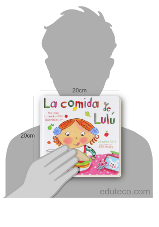 Comparación del tamaño de el libro La comida de Lulú respecto a una persona. Este mide 20 centímetros de ancho por 20 centímetros de alto