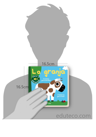 Comparación del tamaño de el libro La granja respecto a una persona. Este mide 16.5 centímetros de ancho por 16.5 centímetros de alto