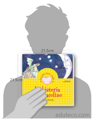 Comparación del tamaño de el libro La historia de Dracolino respecto a una persona. Este mide 21.5 centímetros de ancho por 21.5 centímetros de alto