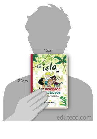 Comparación del tamaño de el libro La isla de los mocosos chinchosos respecto a una persona. Este mide 15 centímetros de ancho por 22 centímetros de alto