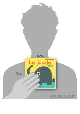 Comparación del tamaño de el libro La jungla respecto a una persona. Este mide 15 centímetros de ancho por 15 centímetros de alto
