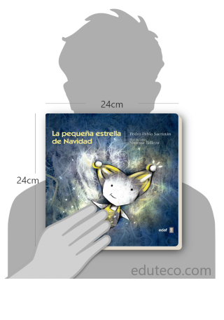 Comparación del tamaño de el libro La pequeña estrella de Navidad  respecto a una persona. Este mide 24 centímetros de ancho por 24 centímetros de alto