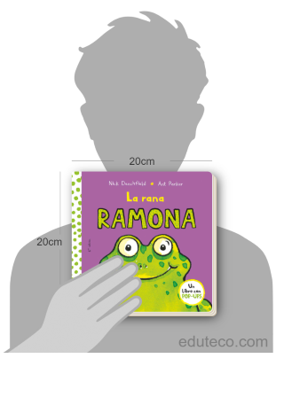 Comparación del tamaño de el libro La rana Ramona respecto a una persona. Este mide 20 centímetros de ancho por 20 centímetros de alto