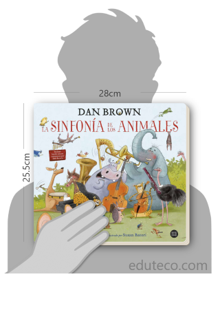 Comparación del tamaño de el libro La sinfonía de los animales respecto a una persona. Este mide 28 centímetros de ancho por 25.5 centímetros de alto