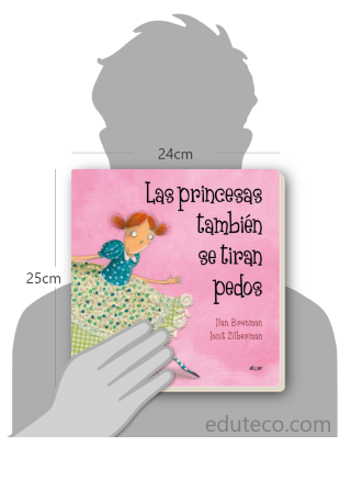 Comparación del tamaño de el libro Las princesas también se tiran pedos respecto a una persona. Este mide 24 centímetros de ancho por 25 centímetros de alto