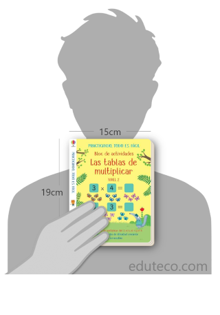 Comparación del tamaño de el libro Las tablas de multiplicar : Nivel 2 respecto a una persona. Este mide 15 centímetros de ancho por 19 centímetros de alto