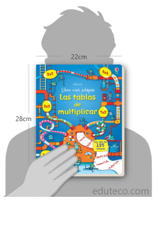 Comparación del tamaño de el libro Las tablas de multiplica respecto a una persona. Este mide 22 centímetros de ancho por 28 centímetros de alto