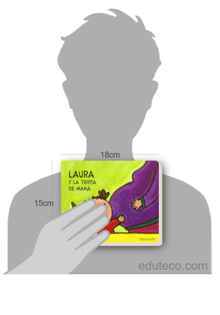 Comparación del tamaño de el libro Laura y la tripita de mamá respecto a una persona. Este mide 18 centímetros de ancho por 15 centímetros de alto