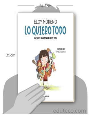 Comparación del tamaño de el libro Lo quiero todo : Cuentos para contar entre dos respecto a una persona. Este mide 24.5 centímetros de ancho por 39 centímetros de alto