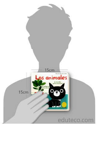 Comparación del tamaño de el libro Los animales : Mi primer libro de sonidos  respecto a una persona. Este mide 15 centímetros de ancho por 15 centímetros de alto