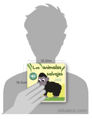 Comparación del tamaño de el libro Los animales salvajes respecto a una persona. Este mide 16.5 centímetros de ancho por 16.5 centímetros de alto