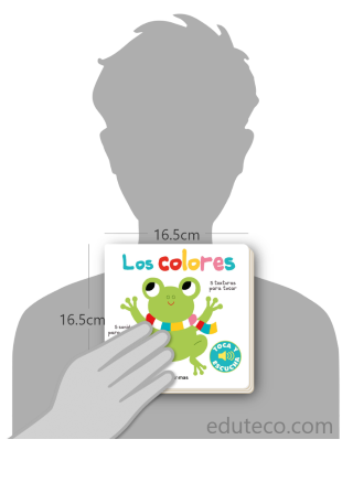 Comparación del tamaño de el libro Los colores respecto a una persona. Este mide 16.5 centímetros de ancho por 16.5 centímetros de alto