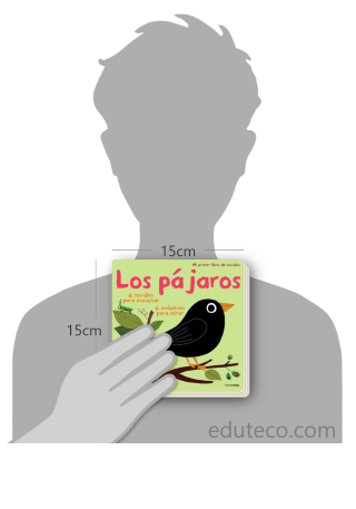 Comparación del tamaño de el libro Los pájaros : Mi primer libro de sonidos respecto a una persona. Este mide 15 centímetros de ancho por 15 centímetros de alto