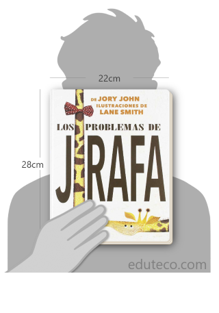 Comparación del tamaño de el libro Los problemas de Jirafa respecto a una persona. Este mide 22 centímetros de ancho por 28.5 centímetros de alto