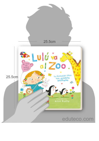 Comparación del tamaño de el libro Lulú va al zoo respecto a una persona. Este mide 25.5 centímetros de ancho por 25.5 centímetros de alto