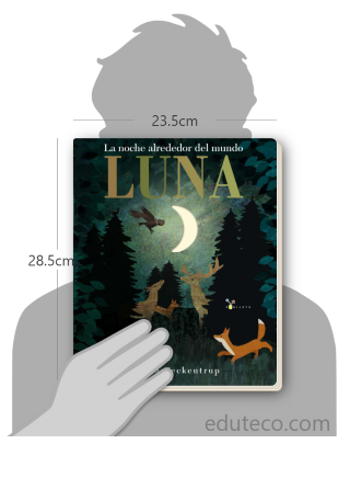 Comparación del tamaño de el libro Luna : La noche alrededor del mundo respecto a una persona. Este mide 23.5 centímetros de ancho por 28.5 centímetros de alto