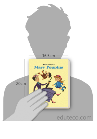 Comparación del tamaño de el libro Mary Poppins respecto a una persona. Este mide 16.5 centímetros de ancho por 20 centímetros de alto