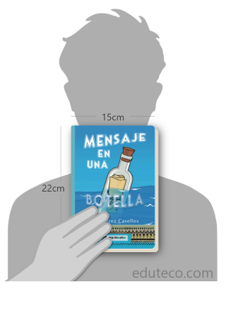 Comparación del tamaño de el libro Mensaje en una botella respecto a una persona. Este mide 15 centímetros de ancho por 22 centímetros de alto