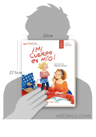 Comparación del tamaño de el libro ¡Mi Cuerpo Es Mío! respecto a una persona. Este mide 22 centímetros de ancho por 27.5 centímetros de alto