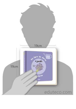 Comparación del tamaño de el libro Mi libro de olores y colores : El jardin respecto a una persona. Este mide 19 centímetros de ancho por 19 centímetros de alto