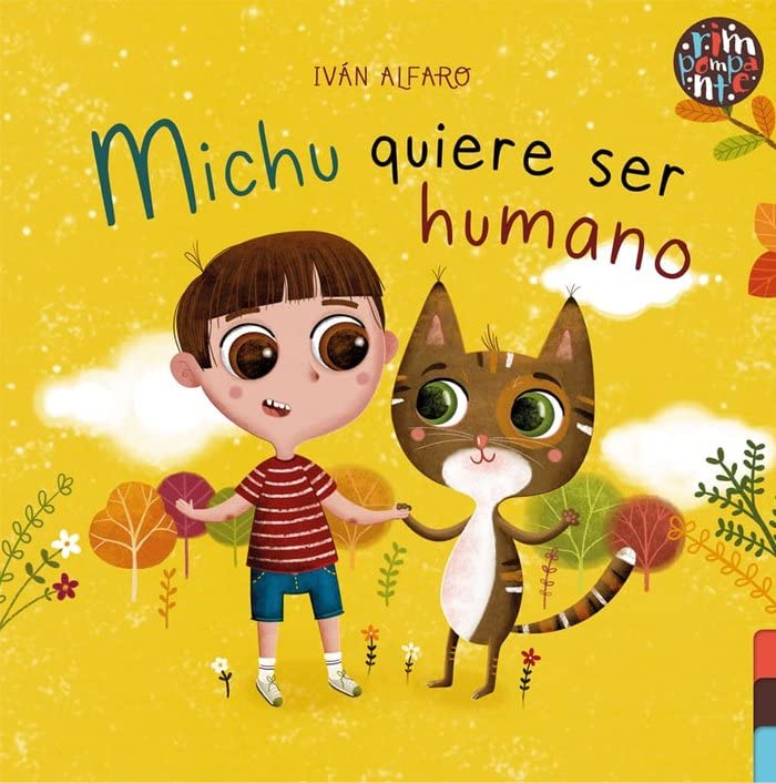 Comparación del tamaño de el libro Michu quiere ser humano respecto a una persona. Este mide 23 centímetros de ancho por 23 centímetros de alto