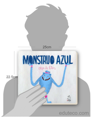 Comparación del tamaño de el libro Monstruo Azul respecto a una persona. Este mide 25 centímetros de ancho por 22.5 centímetros de alto