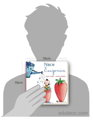 Comparación del tamaño de el libro Nace Eugenia respecto a una persona. Este mide 18 centímetros de ancho por 18 centímetros de alto