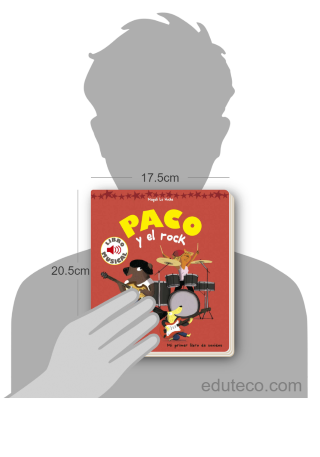 Comparación del tamaño de el libro Paco y el rock respecto a una persona. Este mide 17.5 centímetros de ancho por 20.5 centímetros de alto