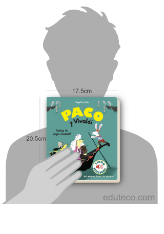 Comparación del tamaño de el libro Paco y Vivaldi respecto a una persona. Este mide 17.5 centímetros de ancho por 20.5 centímetros de alto
