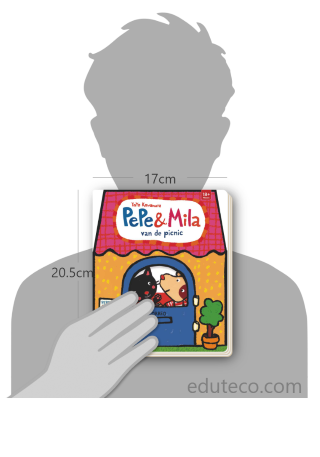 Comparación del tamaño de el libro Pepe y Mila van de picnic respecto a una persona. Este mide 17 centímetros de ancho por 20.5 centímetros de alto