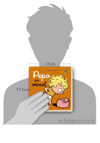 Comparación del tamaño de el libro Pepo y su orinal respecto a una persona. Este mide 17 centímetros de ancho por 17.5 centímetros de alto