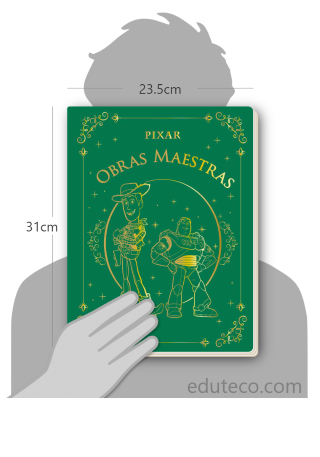 Comparación del tamaño de el libro Pixar : Obras maestras  respecto a una persona. Este mide 23.5 centímetros de ancho por 31 centímetros de alto