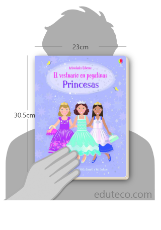 Comparación del tamaño de el libro Princesas respecto a una persona. Este mide 23 centímetros de ancho por 30.5 centímetros de alto