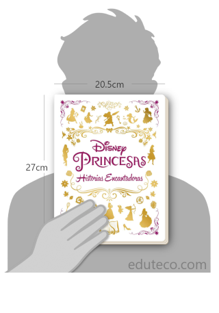 Comparación del tamaño de el libro Princesas : Historias encantadoras respecto a una persona. Este mide 20.5 centímetros de ancho por 27 centímetros de alto