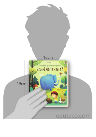 Comparación del tamaño de el libro ¿Qué es la caca?  respecto a una persona. Este mide 16 centímetros de ancho por 19 centímetros de alto