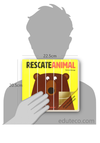 Comparación del tamaño de el libro Rescate Animal respecto a una persona. Este mide 22.5 centímetros de ancho por 20.5 centímetros de alto