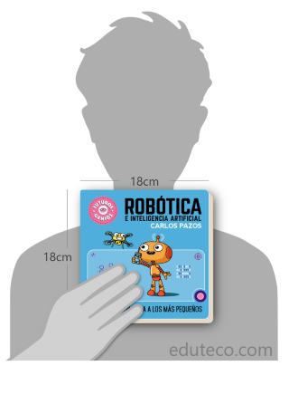 Comparación del tamaño de el libro Robótica e inteligencia artificial respecto a una persona. Este mide 18 centímetros de ancho por 18 centímetros de alto