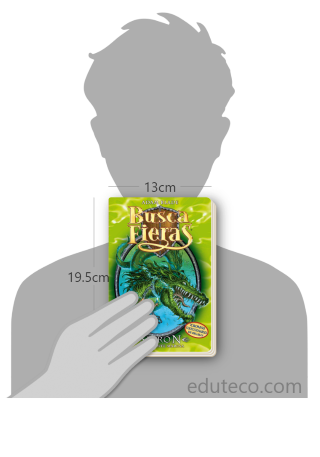 Comparación del tamaño de el libro Sepron, la Serpiente marina : Busca fieras respecto a una persona. Este mide 13 centímetros de ancho por 19.5 centímetros de alto