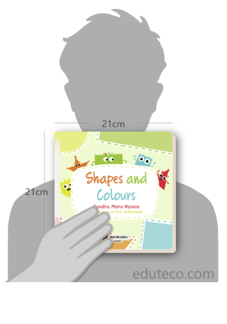 Comparación del tamaño de el libro Shapes and Colours respecto a una persona. Este mide 21 centímetros de ancho por 21 centímetros de alto