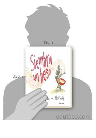 Comparación del tamaño de el libro Siembra Un Beso respecto a una persona. Este mide 19 centímetros de ancho por 25 centímetros de alto