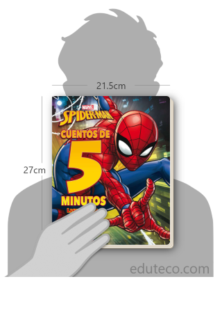 Comparación del tamaño de el libro Spider-Man : Cuentos de 5 minutos respecto a una persona. Este mide 21.5 centímetros de ancho por 27 centímetros de alto
