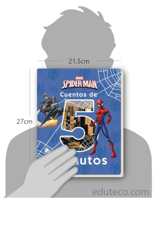 Comparación del tamaño de el libro Spider-Man. Cuentos de 5 minutos respecto a una persona. Este mide 21.5 centímetros de ancho por 27 centímetros de alto