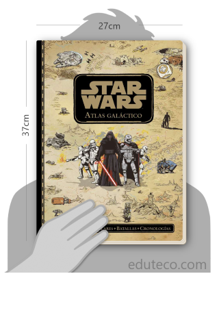 Comparación del tamaño de el libro Star Wars : Atlas galáctico respecto a una persona. Este mide 27 centímetros de ancho por 37 centímetros de alto