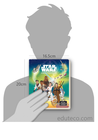 Comparación del tamaño de el libro Star Wars : Somos la Resistencia respecto a una persona. Este mide 16.5 centímetros de ancho por 20 centímetros de alto
