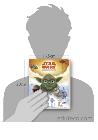 Comparación del tamaño de el libro Star Wars : El Imperio contraataca respecto a una persona. Este mide 16.5 centímetros de ancho por 20 centímetros de alto